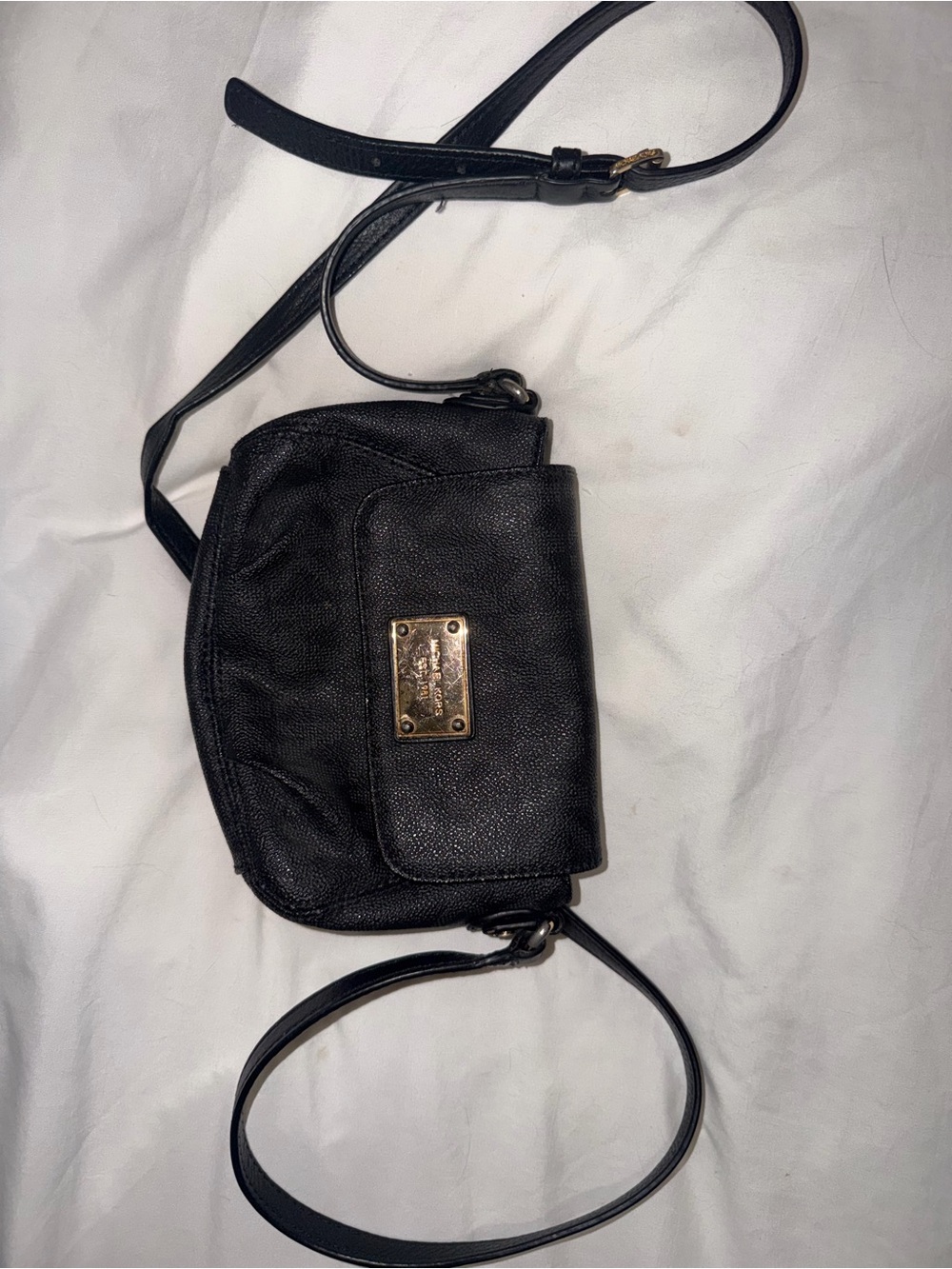 Black Michael Kors Leather Crossbody Bag with Gold Plaque